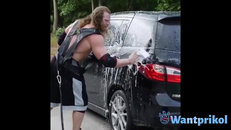 Washing the car during a workout. Video joke