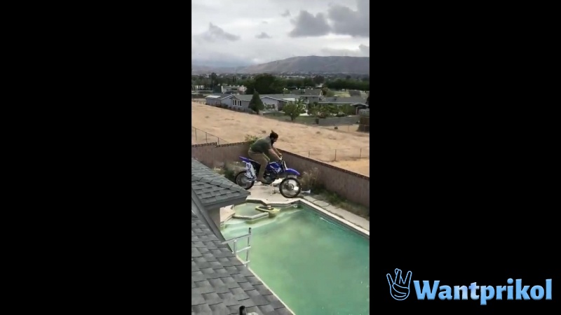 I dived into the pool on a motorcycle. Video joke