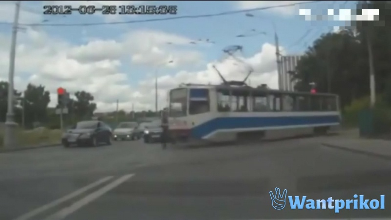 The guy runs away from the tram. Video joke